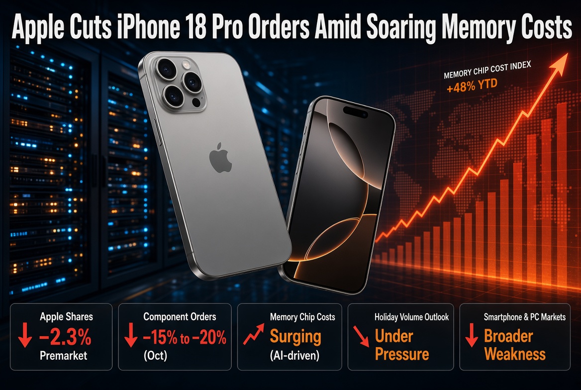 Apple Slips 2.3% Premarket on Report of 15%–20% iPhone 18 Pro Component Order Cuts — Memory Chip Costs Squeeze Demand