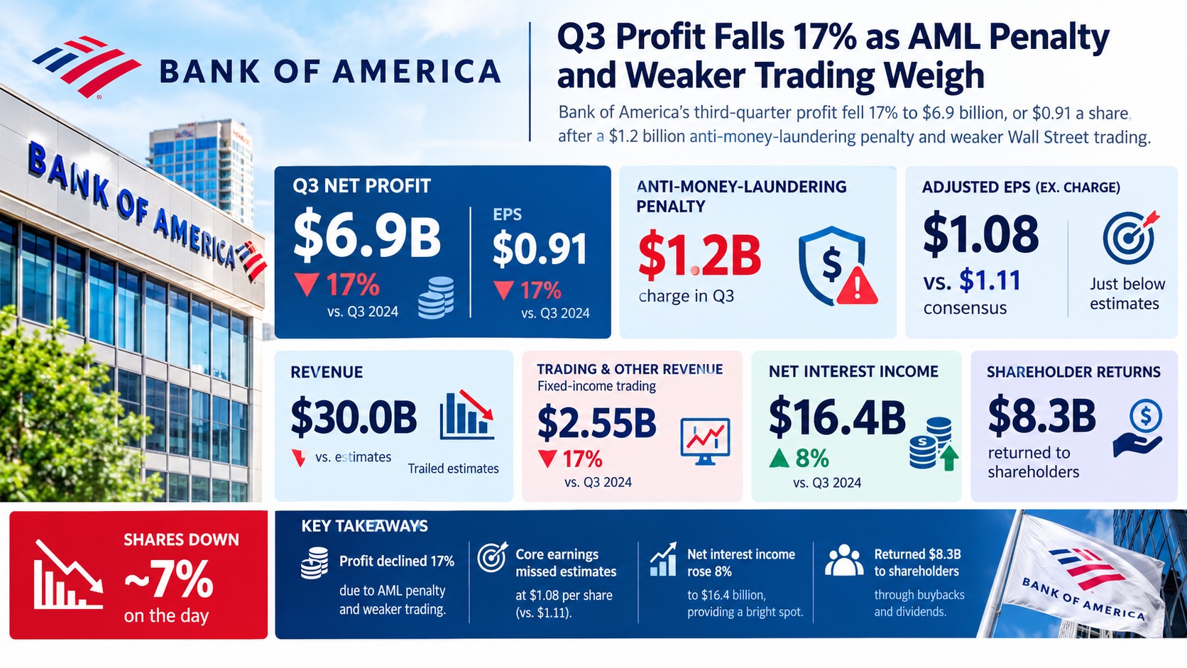 Bank of America Q3 2026 Profit Drops 17% to $6.9B — $1.2B Money-Laundering Penalty and 17% Fixed-Income Slide Trigger Miss