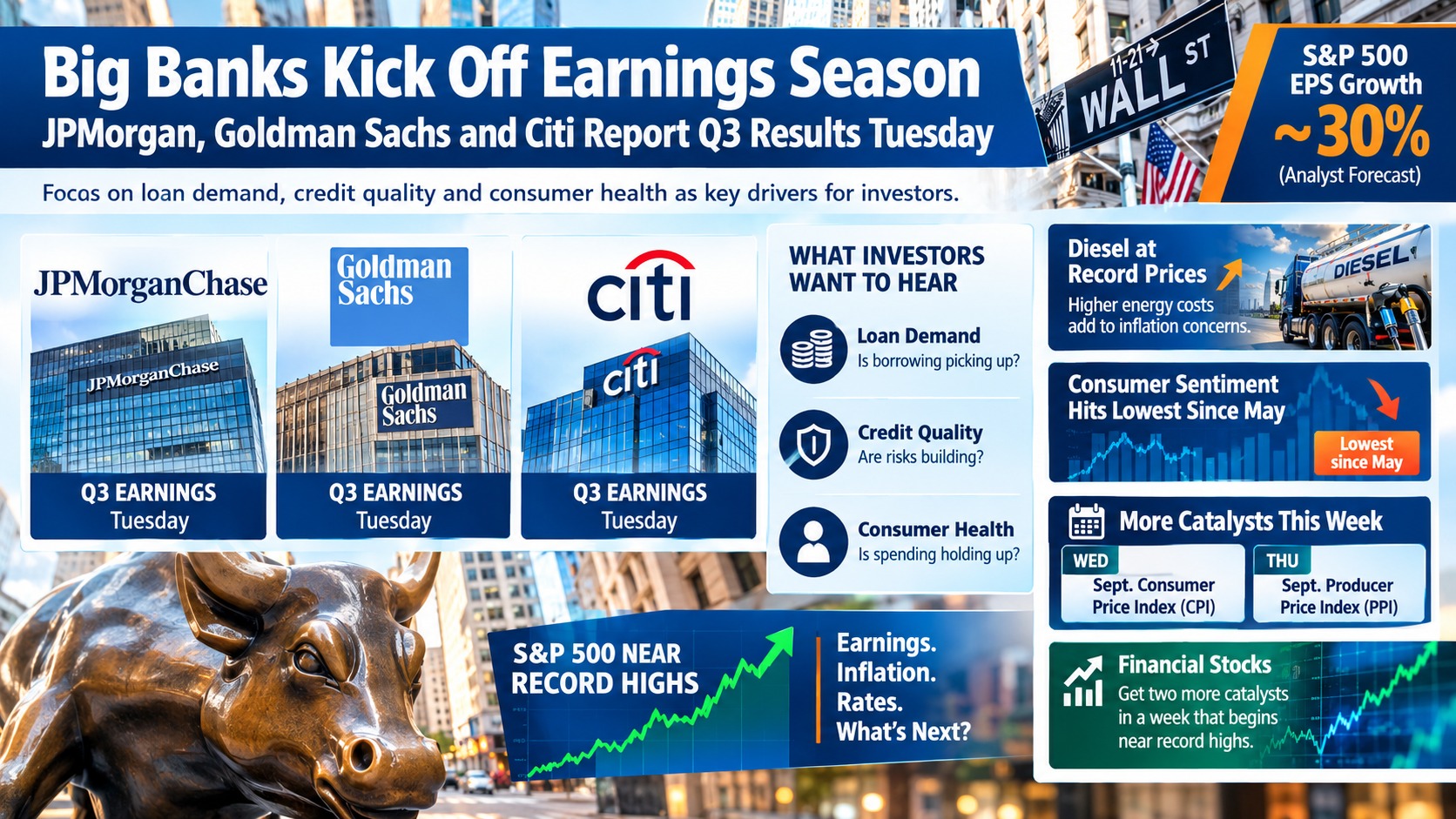 JPMorgan, Goldman Sachs and Citi Report Q3 2026 Earnings Tuesday — Analysts Tip 30% EPS Growth as CPI Looms Wednesday