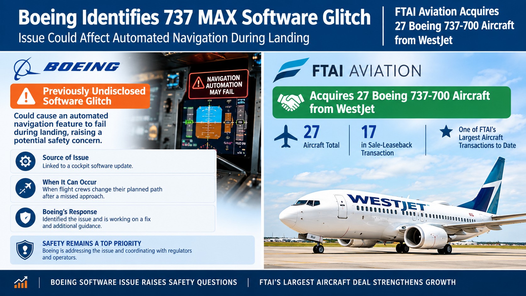 Boeing Flags Undisclosed 737 MAX Software Glitch Tied to Landing Navigation — FTAI Buys 27 Boeing 737-700s From WestJet