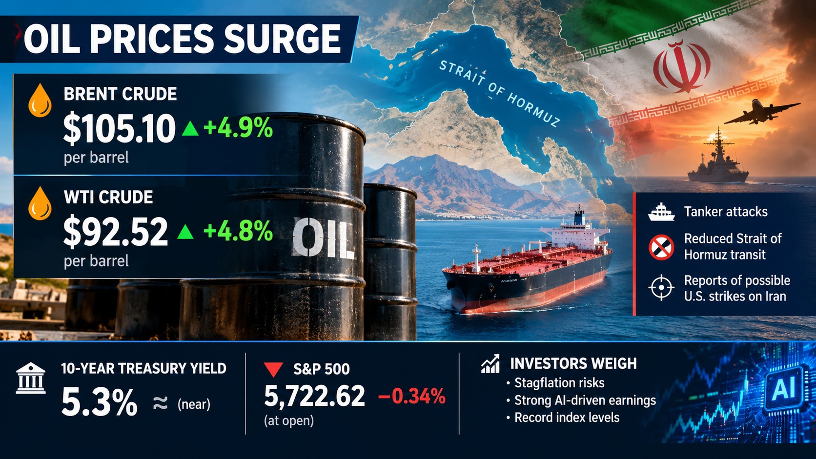 Brent Crude Jumps 4.9% to $105.10 on Iran Strike Fears — 10-Year Yield Near 5.3% Pressures Stocks