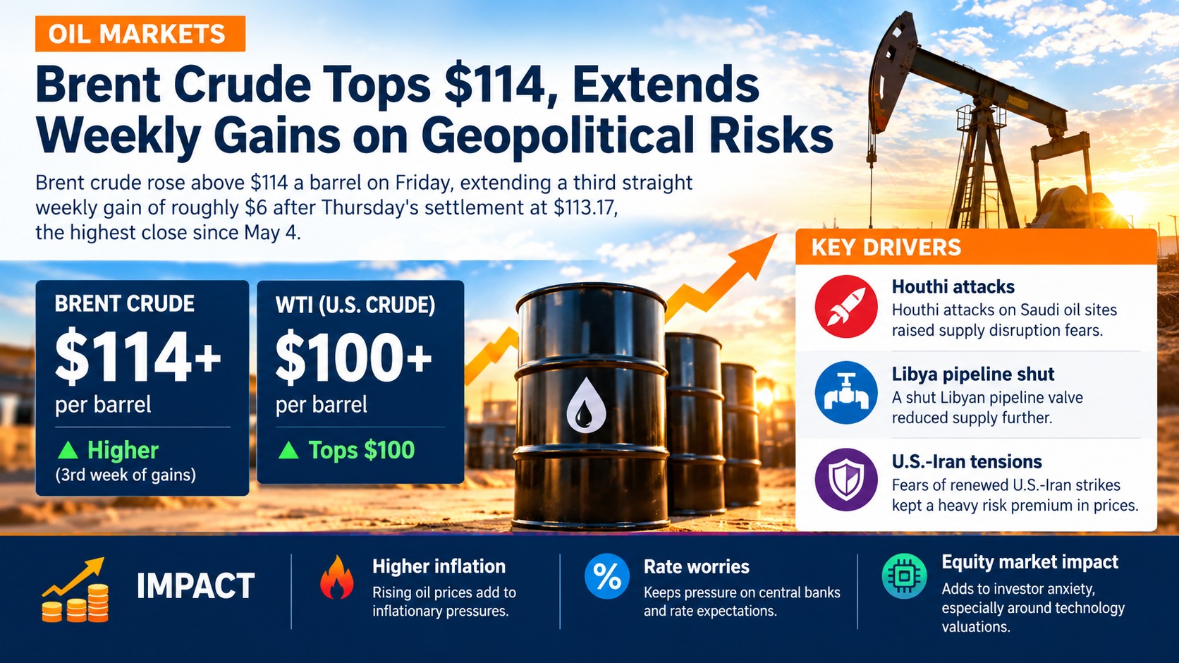 Brent Crude Tops $114 a Barrel, Up $6 for the Week — Saudi Attacks and a Libyan Outage Stoke Inflation and Rate Fears