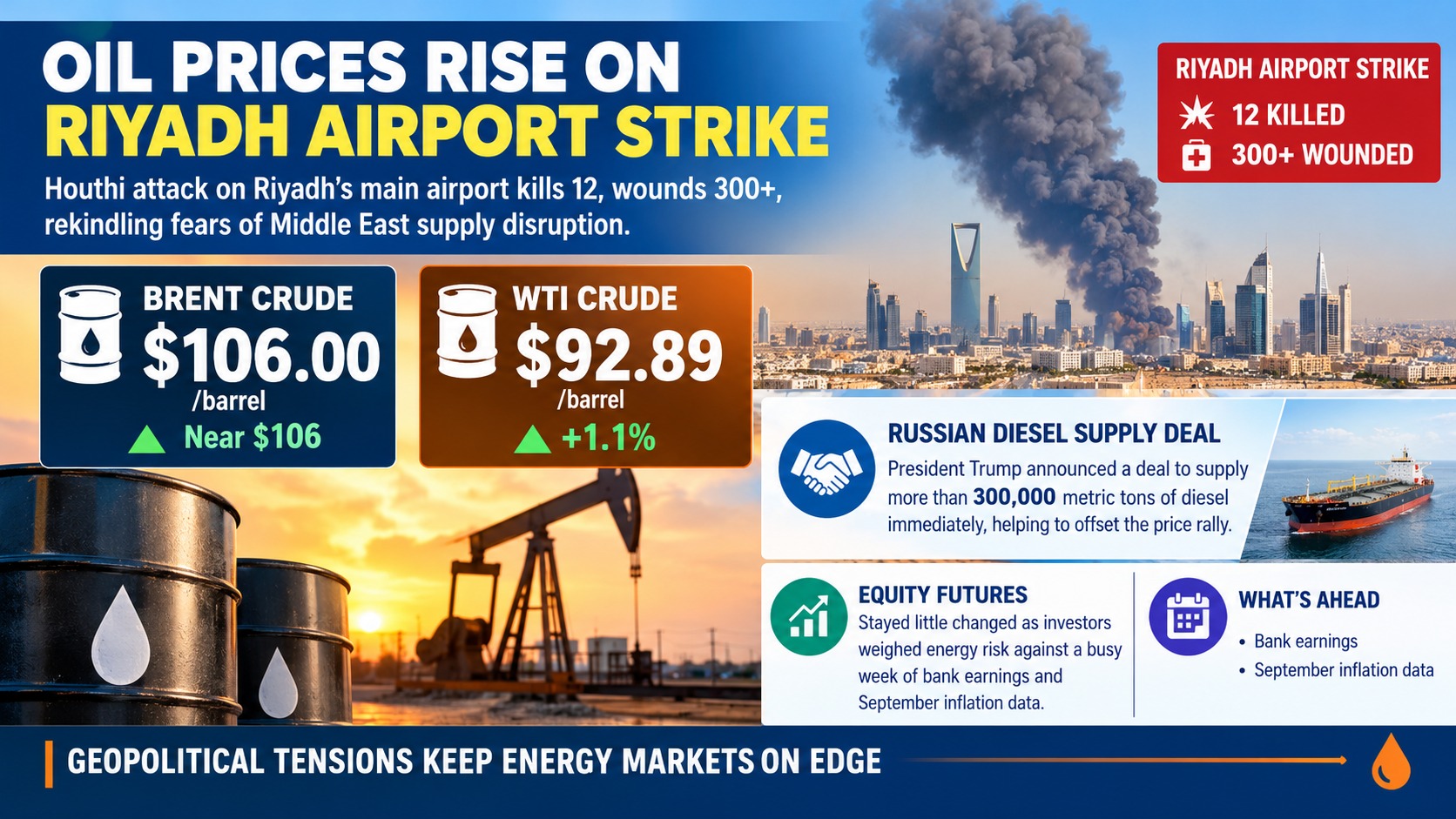 Brent Crude Hovers Near $106 After Houthi Strike on Riyadh Airport Kills 12 — Russian Diesel Deal Offers Only Partial Relief
