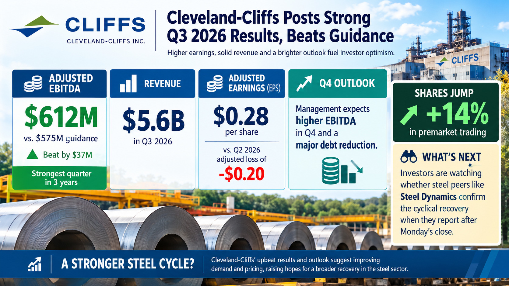 Cleveland-Cliffs Q3 2026 Adjusted EBITDA Hits $612M, Beating $575M Guidance — Shares Jump 14% Premarket on Strongest Quarter in Three Years