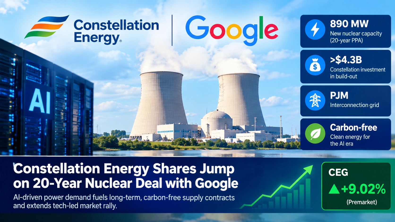Constellation Energy Jumps 9% Premarket on 20-Year Google Deal — 890 MW Nuclear Build-Out Backed by $4.3B Commitment