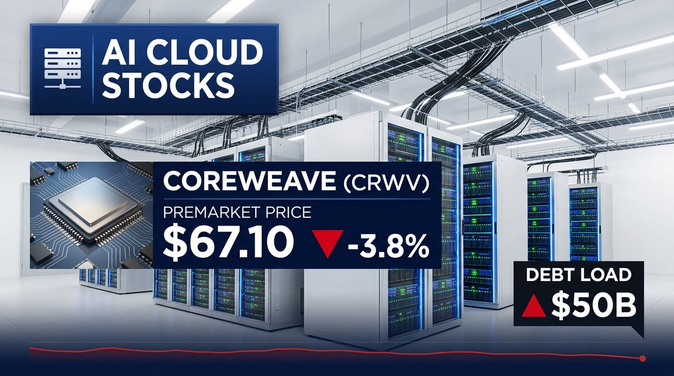 CoreWeave Drops 3.8% to $67.10 Premarket on $50B Debt Worries — AI Cloud Name Fell More Than 15% on Wednesday