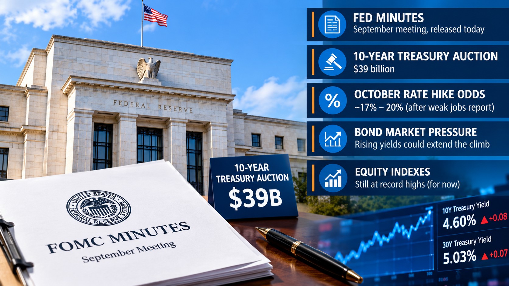 Fed September Minutes Due Today as $39 Billion 10-Year Auction Tests Demand — October Hike Odds Sit Near 17%-20%