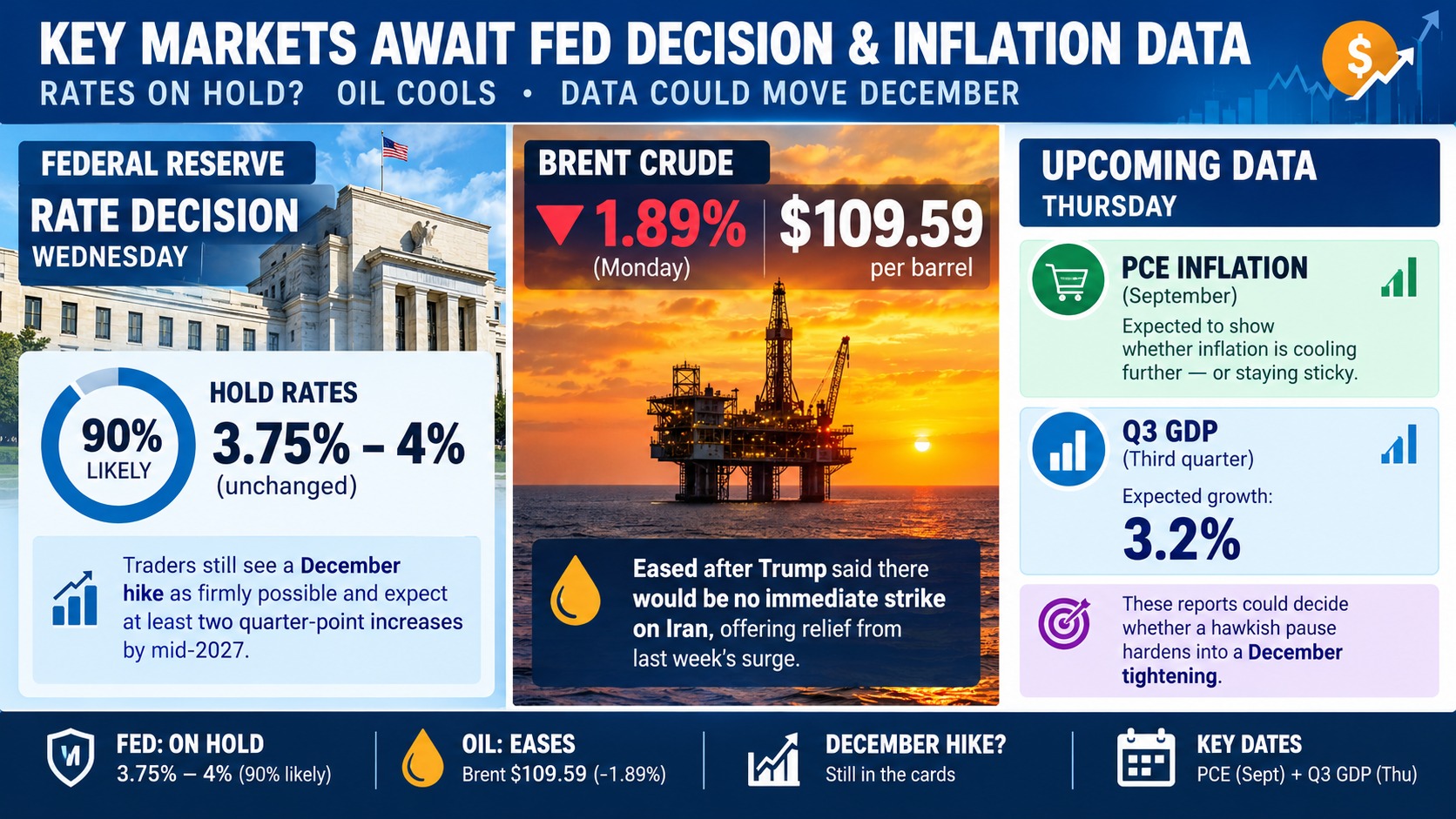 Fed Faces 90% Hold Odds at 3.75%–4% Wednesday — Brent Near $110 and Thursday's PCE Keep December Hike in Play