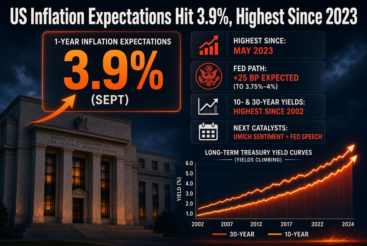 US 1-Year Inflation Expectations Hit 3.9%, Highest Since May 2023 — Fed Minutes Point to Another 25 bps Hike to 3.75%–4% by Year-End
