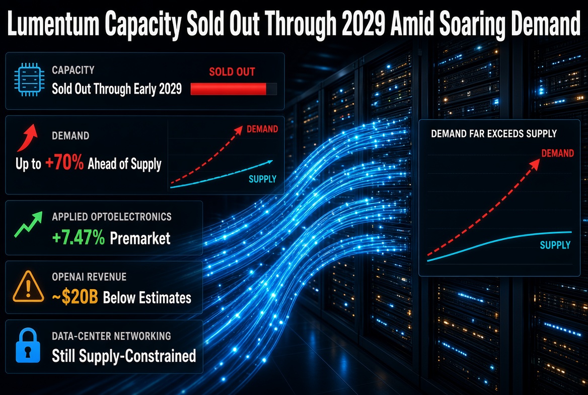 Lumentum Says Optical Capacity Sold Out Into Early 2029, With Demand Up to 70% Ahead of Supply — Applied Optoelectronics Jumps 7.5%