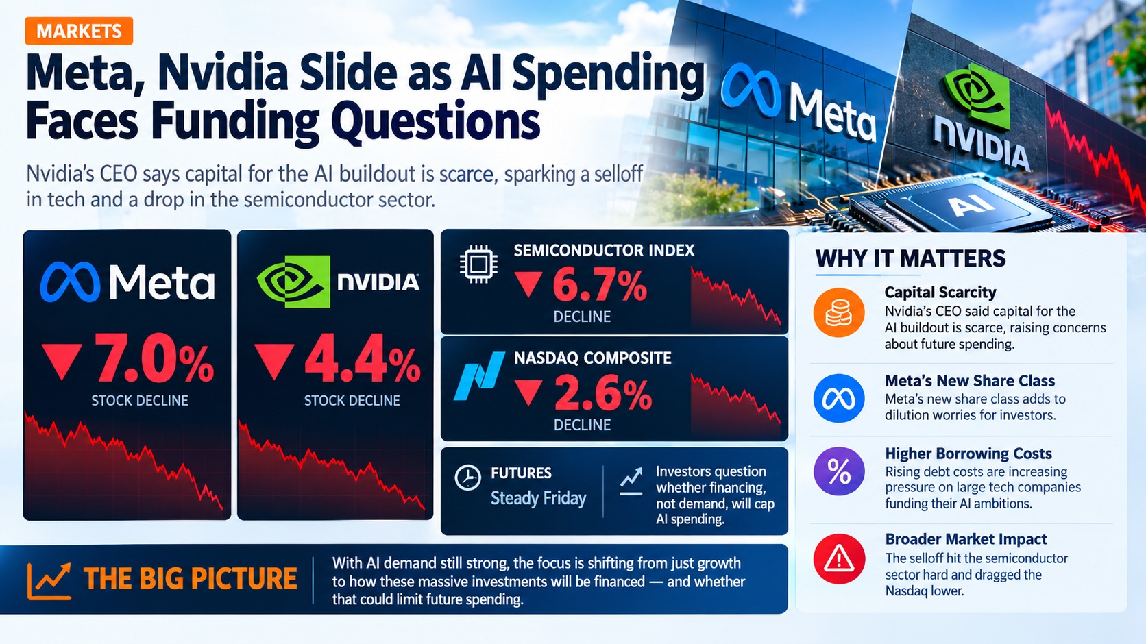 Meta Platforms Holds Near $649 After 7% Slide as Nvidia CEO Flags AI Capital Scarcity — Semiconductor Index Down 6.7% Tests Friday's Rebound