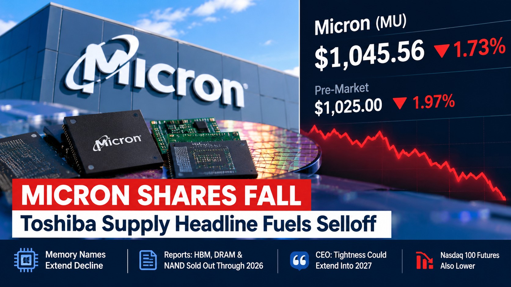 Micron Slips 1.73% to $1,045.56, Indicated Down 1.97% Pre-Market — Toshiba Supply Headline Pressures Memory Stocks