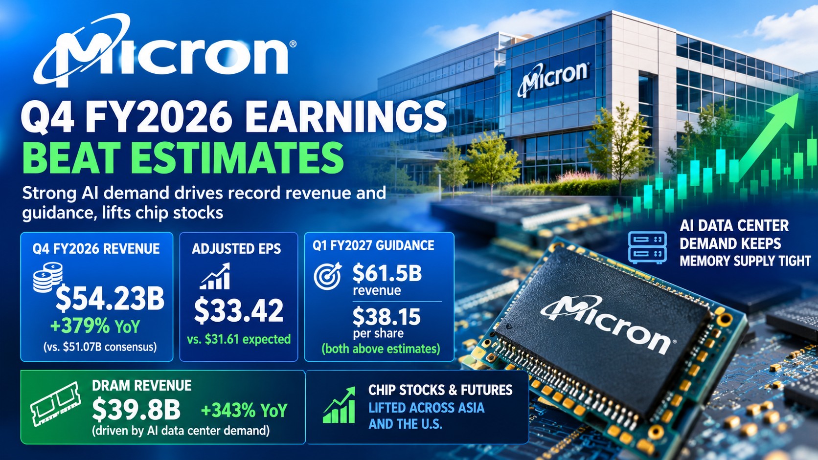 Micron Posts Record $54.23B Fiscal Q4 2026 Revenue, Up 379% — Q1 Guide of $61.5B Tops $57B Consensus