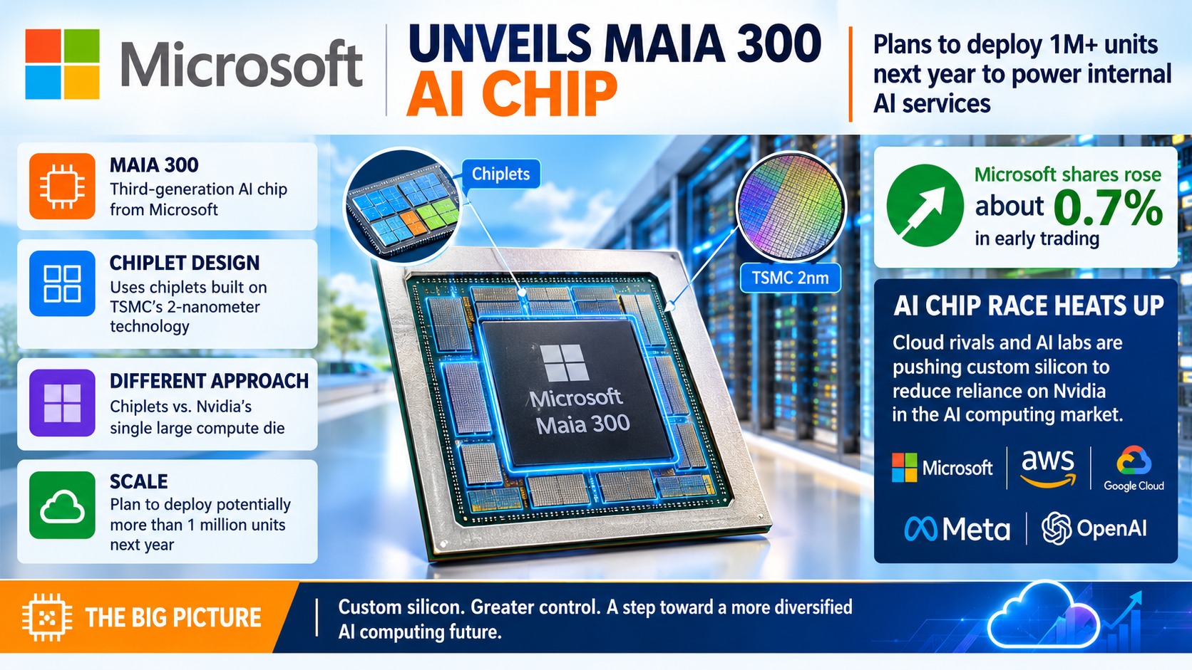Microsoft Unveils Maia 300 AI Chip, Plans 1 Million-Plus Units in 2027 — 2-Nanometer TSMC Design Targets Nvidia Dependence