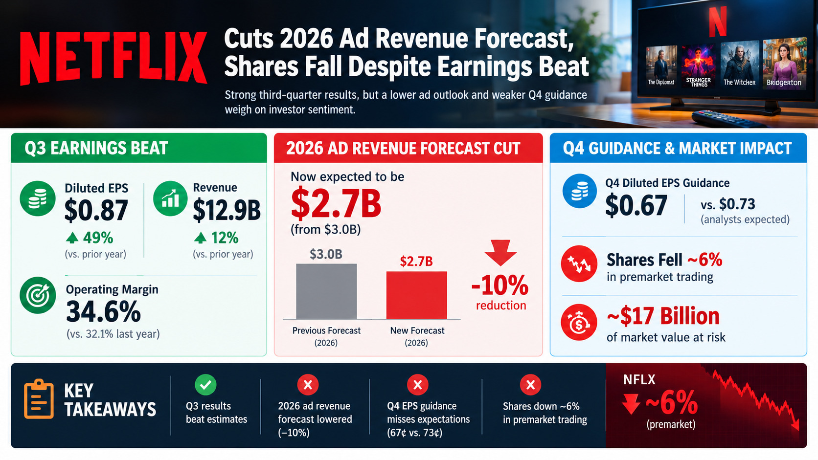 Netflix Q3 2026 EPS Jumps 49% to $0.87 on $12.9B Revenue — Shares Slide 6% as Ad Forecast Is Cut to $2.7B and Q4 EPS Guide Misses