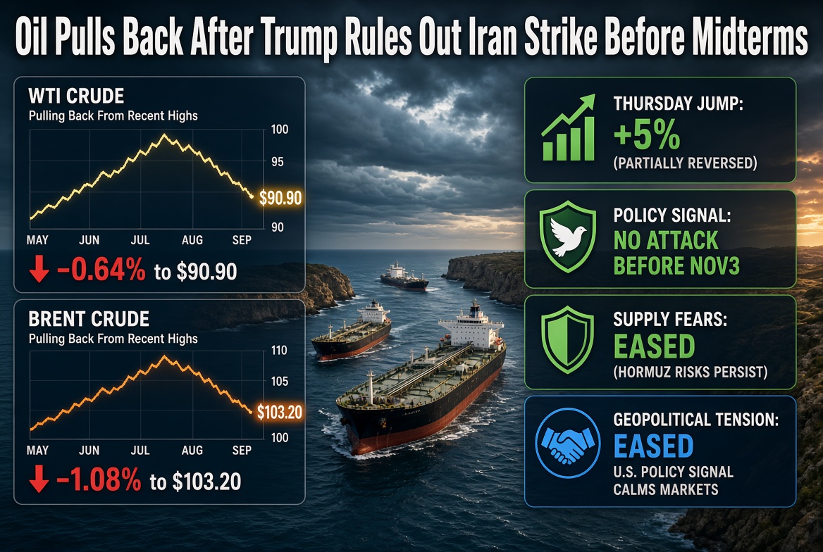 WTI Crude Slips 0.6% to $90.90, Brent Falls 1.1% to $103.20 — Trump Rules Out Iran Strike Before Nov. 3 Midterms