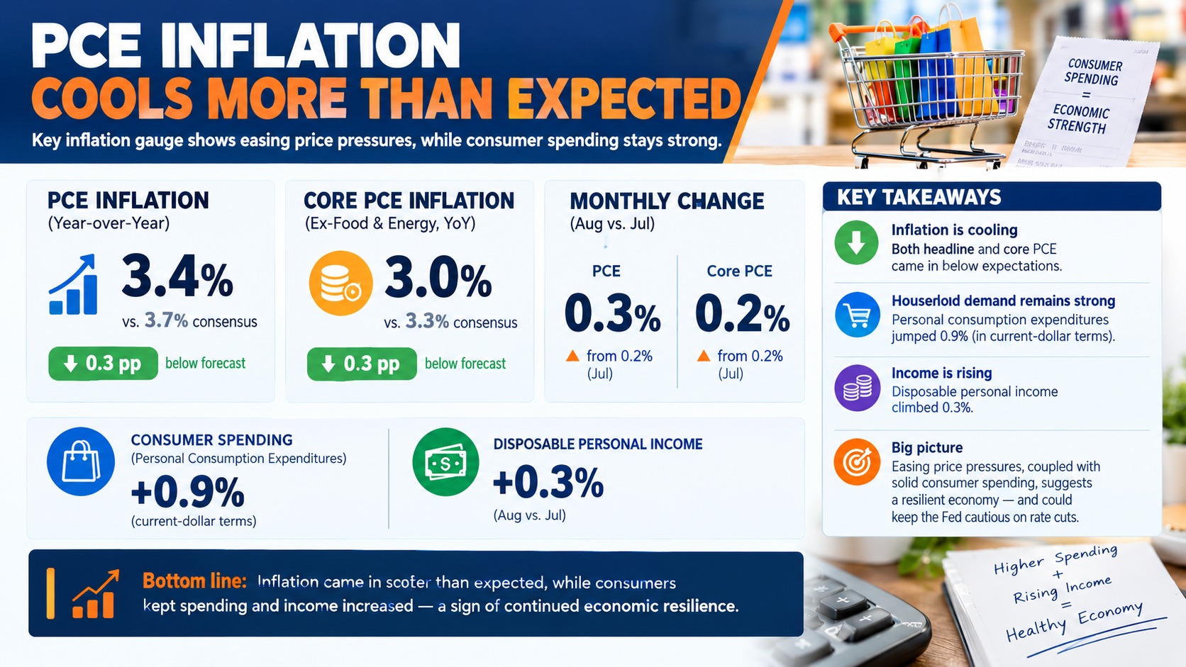 PCE Price Index Rises 3.4% YoY in August, Core Holds at 3.0% — Softer Than Forecast as Spending Surges 0.9%