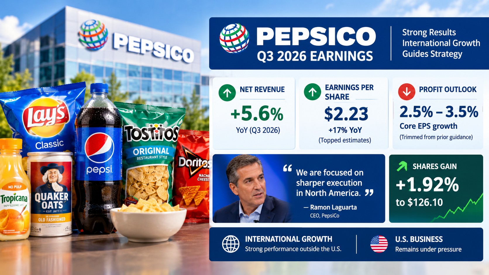 PepsiCo Q3 2026 EPS Climbs 17% to $2.23, Beats Estimates — Core EPS Outlook Trimmed to 2.5%-3.5% as North America Lags