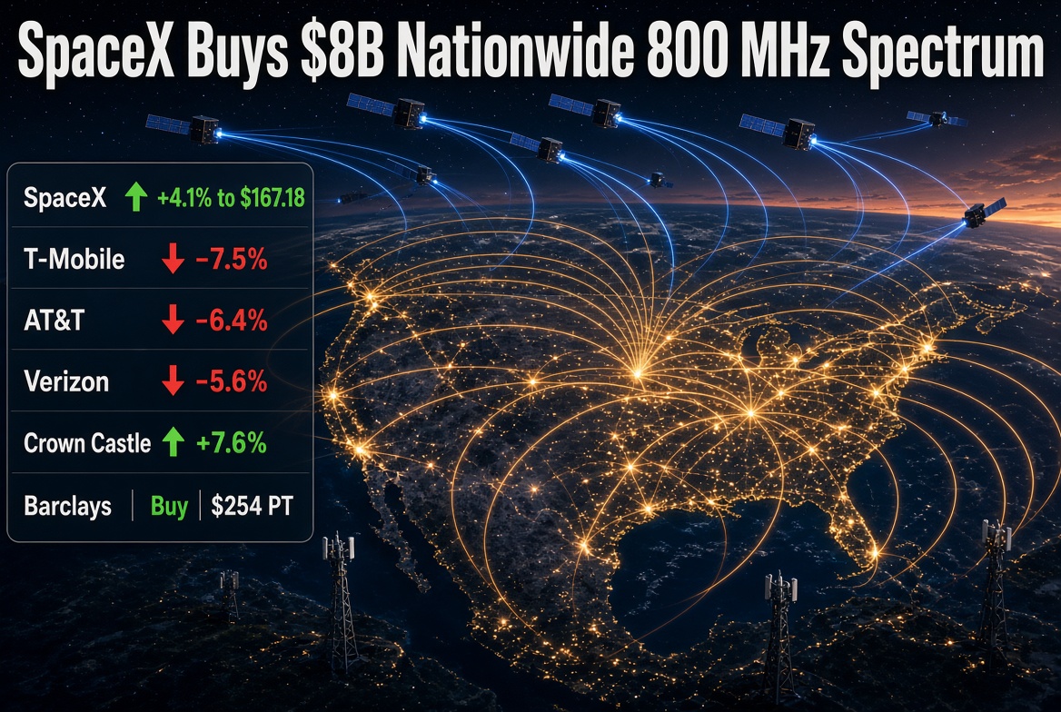SpaceX Signs $8B Wireless Spectrum Deal, Shares Rise 4.1% Premarket — T-Mobile Drops 7.5% as AT&T, Verizon Slide