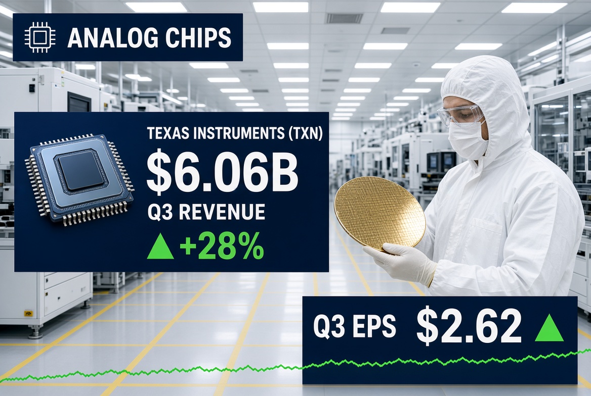 Texas Instruments Q3 2026 Revenue Jumps 28% to $6.06B, Topping $5.92B Estimate — Q4 Guidance of $5.8B–$6.3B Beats $5.73B Consensus