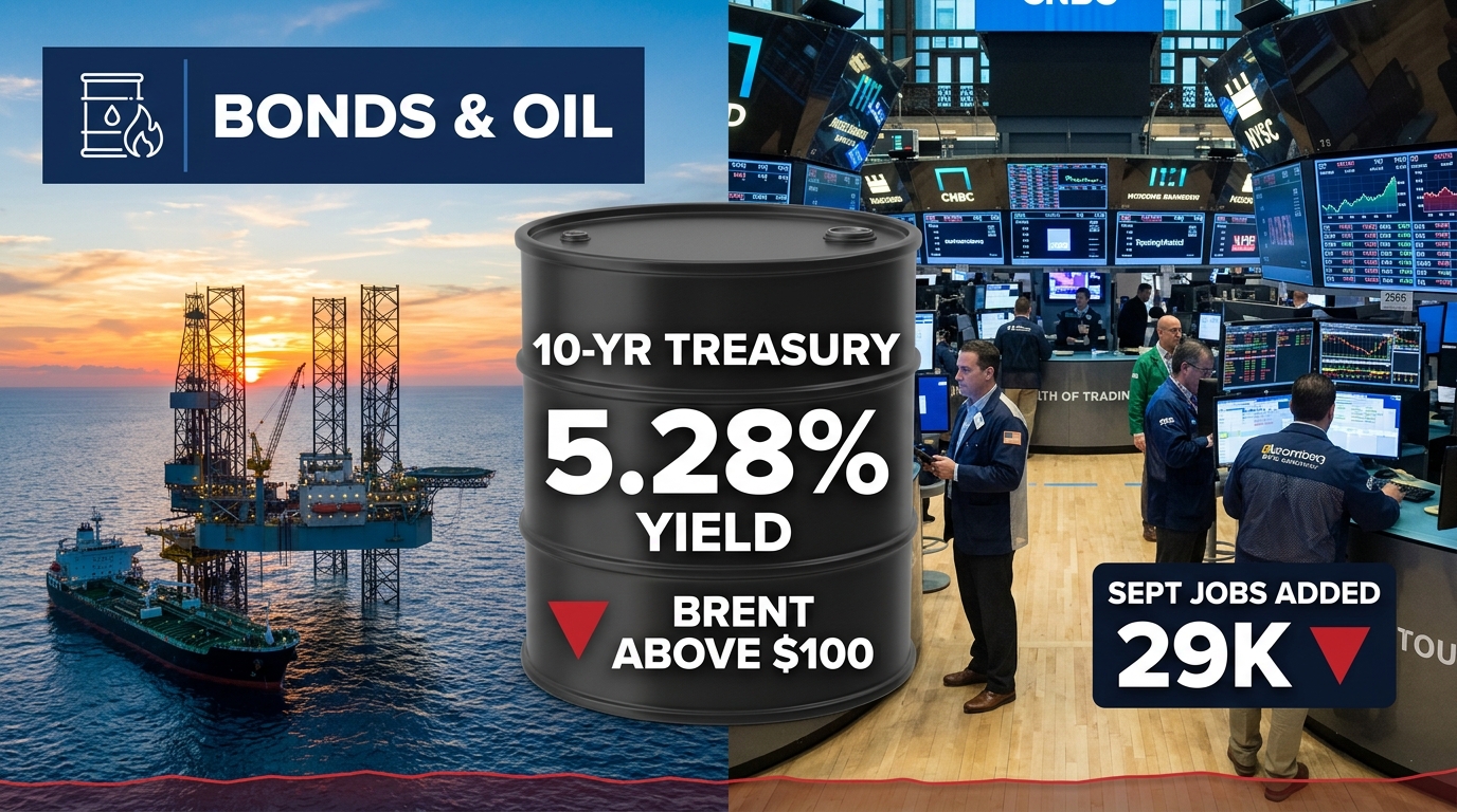 US 10-Year Treasury Yield Holds Near 5.28% as Brent Tops $100 — Futures Slip Ahead of Fed Minutes After 29,000 September Jobs Gain