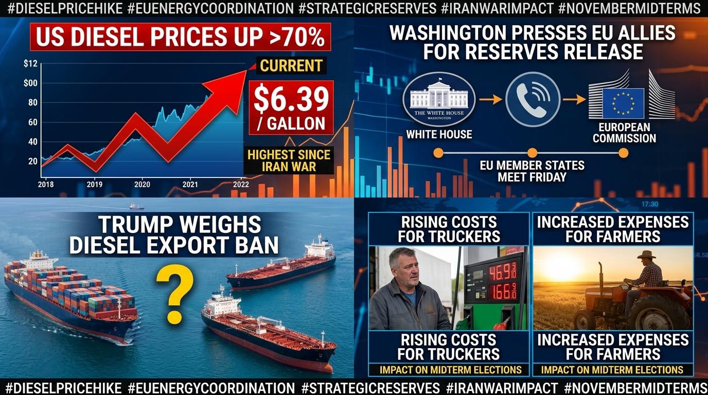 US Diesel Hits $6.39 a Gallon, Up 70% Since Iran War Began — Washington Presses Europe to Tap Reserves as EU Meets Friday