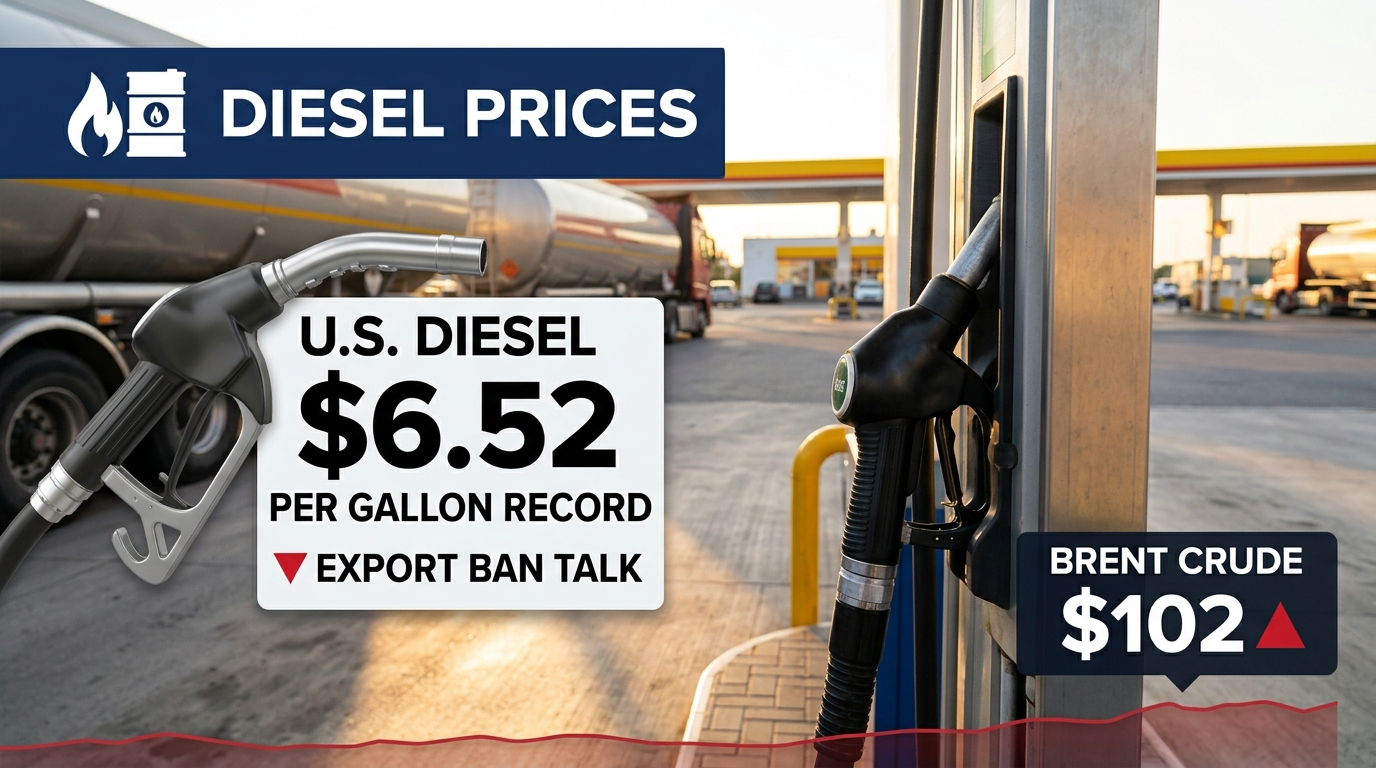 U.S. Diesel Hits Record $6.52 a Gallon as Export-Ban Talk Roils Futures — Brent Holds Near $102 After 4% Surge